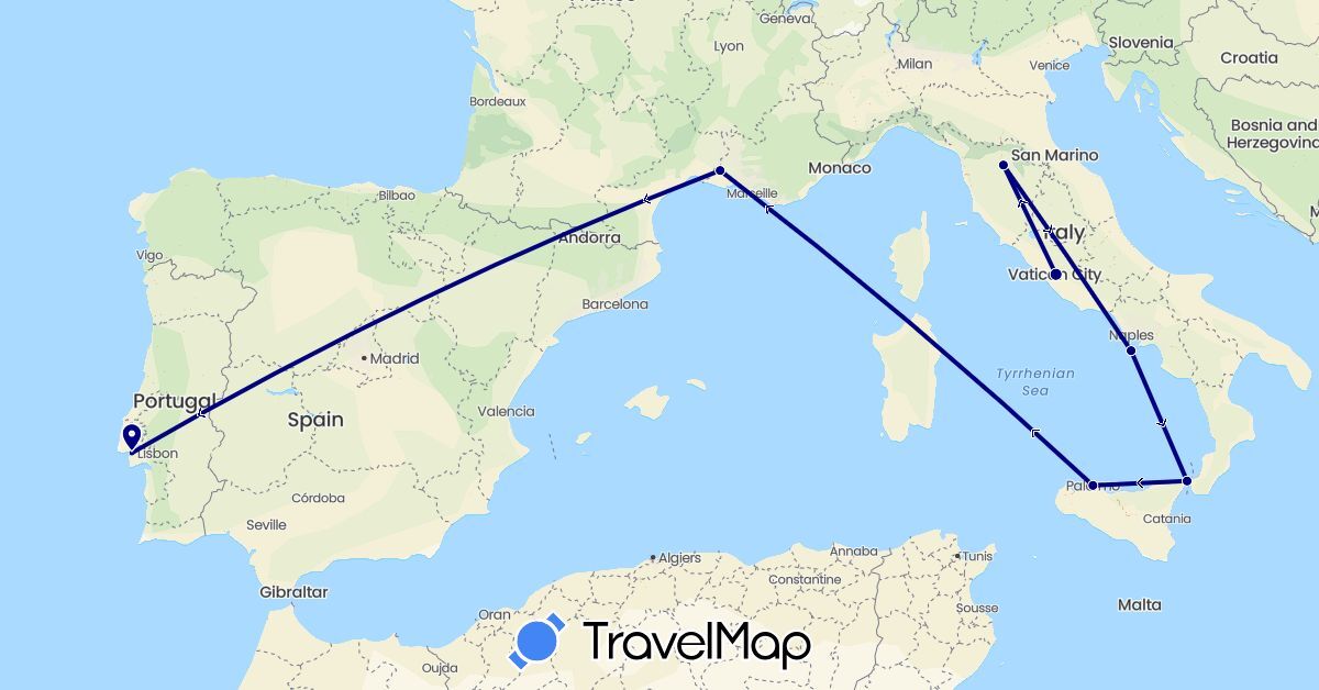TravelMap itinerary: driving in France, Italy, Portugal (Europe)